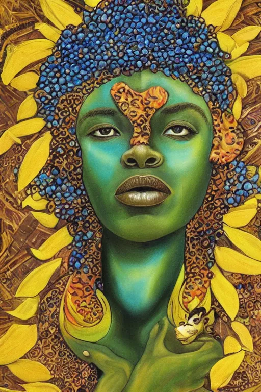 Image similar to painting of african mother nature floating through the sky, inspired by gustav moreau and wayne barlow, exquisite detail, hyper realism, ornate, exquisite detail, cute face