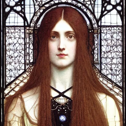 Prompt: Symmetric Pre-Raphaelite painting of a beautiful mystic woman with dark hair in a very detailed silk dark grey dress by John William Waterhouse, zoomed out, surrounded by a dark gothic frame of highly detailed mathematical drawings of neural networks and geometry by Doré, highly detailed mathematical drawings of geometry and neurons by HG Giger