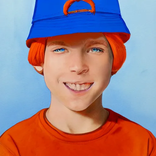 Prompt: a detailed portrait of a boy with blue eyes and blonde hear wearing an orange bucket hat, art illustration, incredibly highly detailed and realistic, 8 k, sharp focus