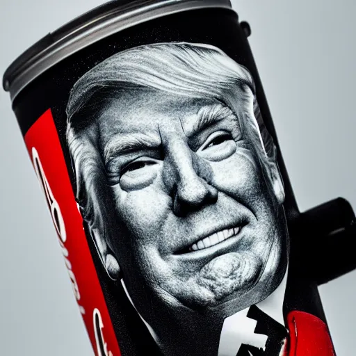 Image similar to a dslr photograph of a can of diet coke with donald trump's face on it, 8 5 mm f 2