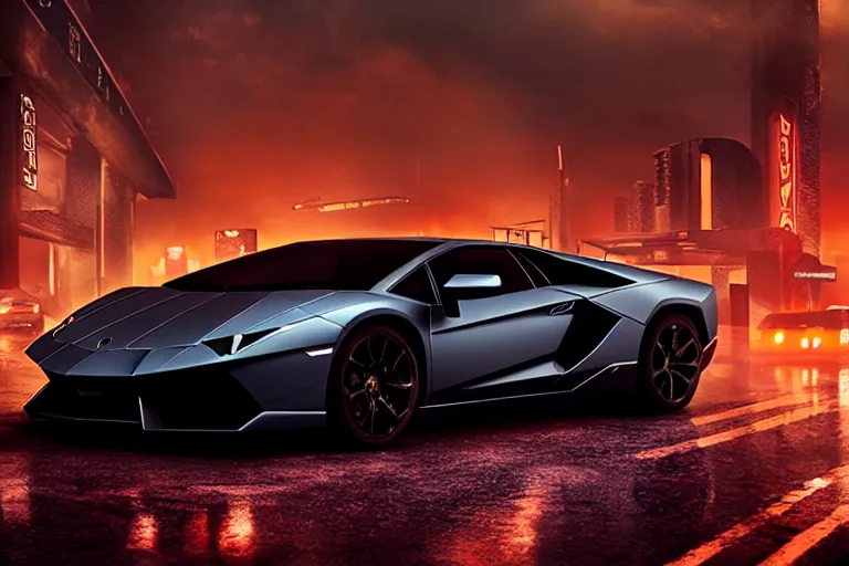 Prompt: A cinematic film still of a Lamborghini in the movie Blade Runner 2049.