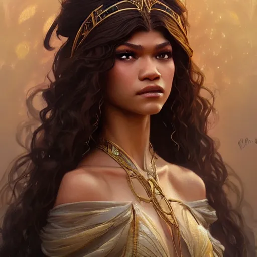 Image similar to Zendaya as a fantasy princess, D&D, fantasy, intricate, elegant, highly detailed, digital painting, artstation, concept art, matte, sharp focus, illustration, art by Artgerm and Greg Rutkowski and Alphonse Mucha