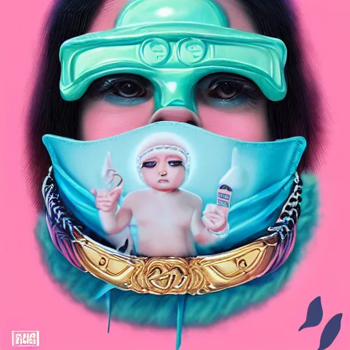 Image similar to Lofi vaporwave portrait baby cherub angel, ski mask, balaclava, face covered, Gucci, Nike, Chanel, multiple gold chains, Pixar style, Tristan Eaton, Stanley Artgerm, Tom Bagshaw