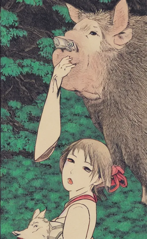 Image similar to by akio watanabe, manga art, girl observing to a boar in the forest, trading card front, kimono, realistic anatomy