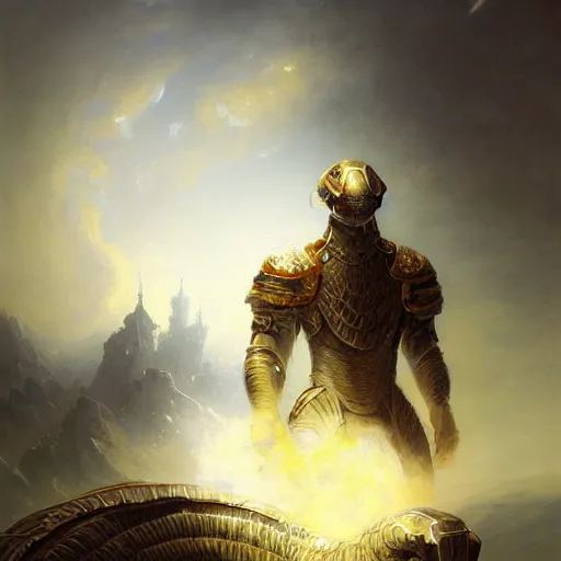 Image similar to a cyborg alien pangolin wearing medieval armor with white and gold scales, by ivan aivazovsky, peter mohrbacher, greg rutkowski volumetric light effect broad light oil painting painting fantasy art style sci - fi art style realism premium prints available artwork unreal engine