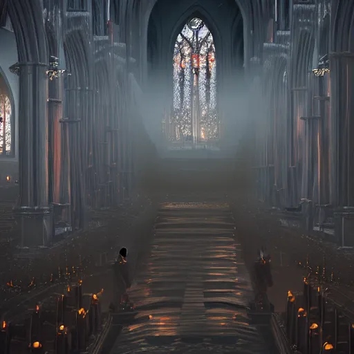 Prompt: an ultra detailed matte painting of the throne of the evil patriarch up incredibly high looking down into the cathedral, incense smoke drifting through the air, artstation, volumetric lighting, exquisite detail, octane render, 8 k postprocessing, art by john collier and albert aublet