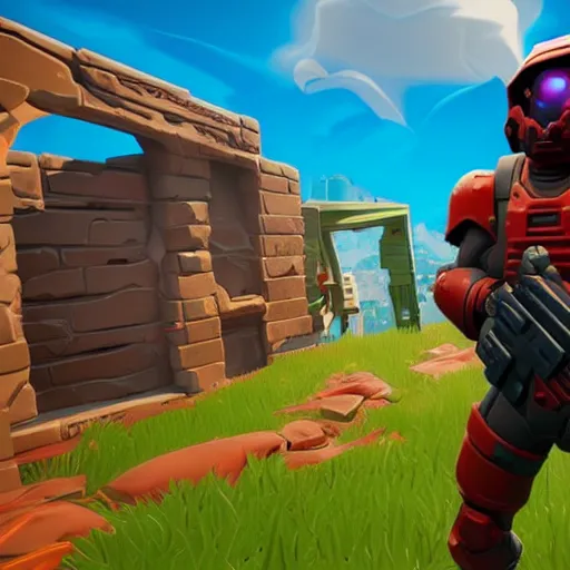 Image similar to doomguy in the fortnite, doom x fortnite collab, screenshot