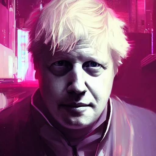 Image similar to beautiful portrait of boris johnson, art by wlop and artgerm and liam wong, cyberpunk, neon, intricate details, trending on artstation, sharp focus, caustics, octane render, radiant light, 4 k