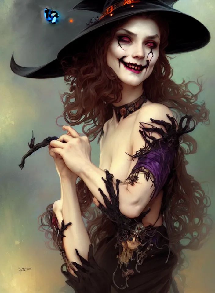 Image similar to halloween witch woman in a hat smiles, fantasy magic, undercut hairstyle, dark light night, intricate, elegant, sharp focus, illustration, highly detailed, digital painting, concept art, matte, art by wlop and artgerm and greg rutkowski and alphonse mucha, masterpiece