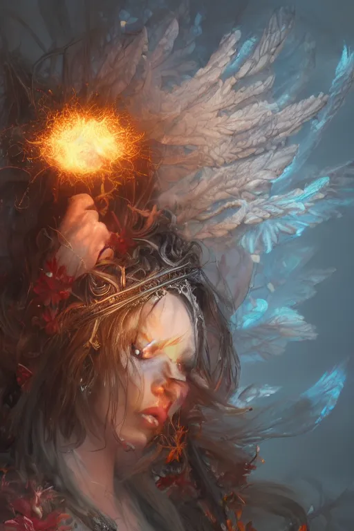 Image similar to face closeup of beautiful girl necromancer, witch - doctor exploding into flowers, angels, 3 d render, hyper - realistic detailed portrait, holding fire and electricity, leaves and magic, ruan jia, wlop. scifi, fantasy, magic the gathering, hyper detailed, octane render, concept art, peter mohrbacher