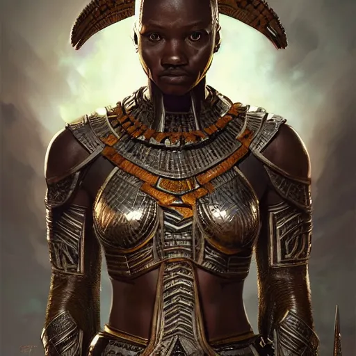 Image similar to a wakandan warrior in a mummy style armor, ultra realistic, concept art, intricate details, eerie, horror, highly detailed, photorealistic, octane render, 8 k, unreal engine. art by artgerm and greg rutkowski and alphonse mucha