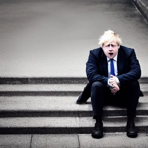 Image similar to Boris Johnson crying on the naughty step with a pool of tears under him, 8k, perfect lighting, high contrast, wide-angle, Nikon mirrorless, sad, brexit, flickr
