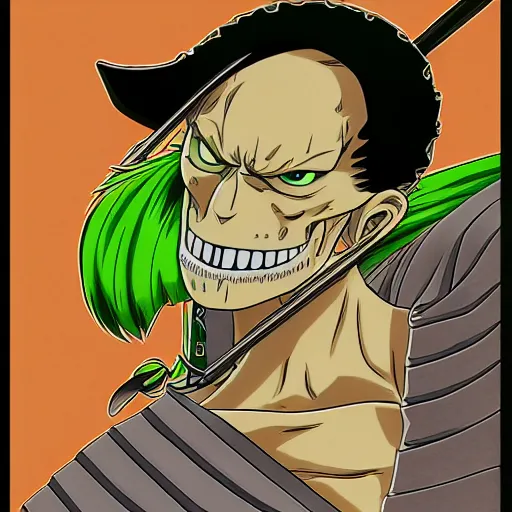 Prompt: portrait painting of skeletor as roronoa zoro, art by eiichiro oda, 4 k, one piece artstyle, cel shaded, highly detailed, epic lighting