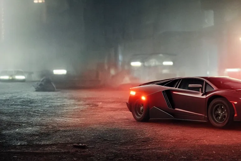 Image similar to A cinematic film still of a Lamborghini in the movie Blade Runner: 2049.