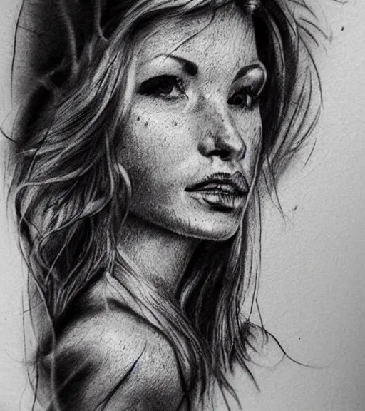 Image similar to amazing blend effect of beautiful mountain scenery with a beautiful woman face, tattoo design sketch, hyper - realistic, in the style of matteo pasqualin, amazing detail, black and white