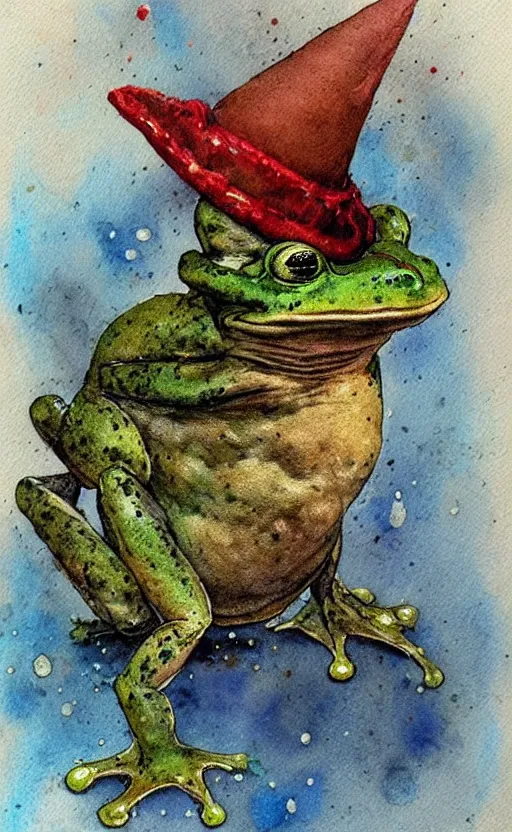 Prompt: detailed frog with a wizard hat by Jean-Baptiste Monge and frank frazetta , post processing, painterly, book illustration watercolor granular splatter dripping paper texture, ink outlines, painterly, trending on artstation, trending on pinterest childrens art