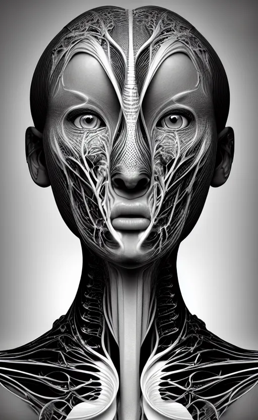 Image similar to a black and white 3D render of a beautiful portrait of a young female angelic-dragon-cyborg face with a very long neck, 150 mm, orchids, Mandelbrot fractal, anatomical, flesh, facial muscles, veins, arteries, full frame, microscopic, elegant, highly detailed, flesh ornate, elegant, high fashion, rim light, ray trace, octane render in the style of H.R. Giger and Man Ray, Realistic, Refined, Digital Art, Highly Detailed, Cinematic Lighting, rim light, black and white, photo-realistic Unreal Engine, 8K