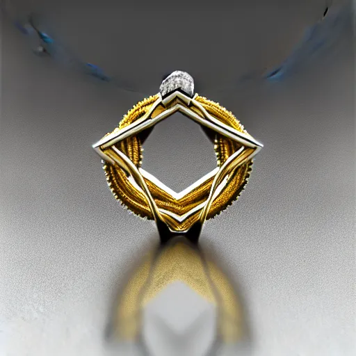 Image similar to intricate!! nordic ring and necklace and ear, silver and gold and diamond, isolated on a white background and a flower in the background, refraction, occlusion, filigree, lower and upper levels, keyshot render, octane render, vray render