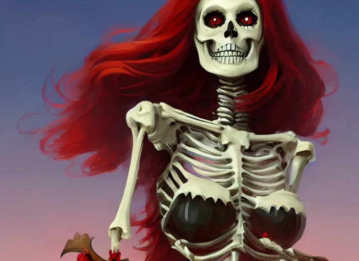 Prompt: cute & beautiful smug smiling mexican undead skeleton girl with red hair dressed as a witch, elegant, digital art, fantasy, pixar style, painting, pin up, highly detailed, artstation, art by artgerm, vrubel, greg rutkowski and ilya kuvshinov
