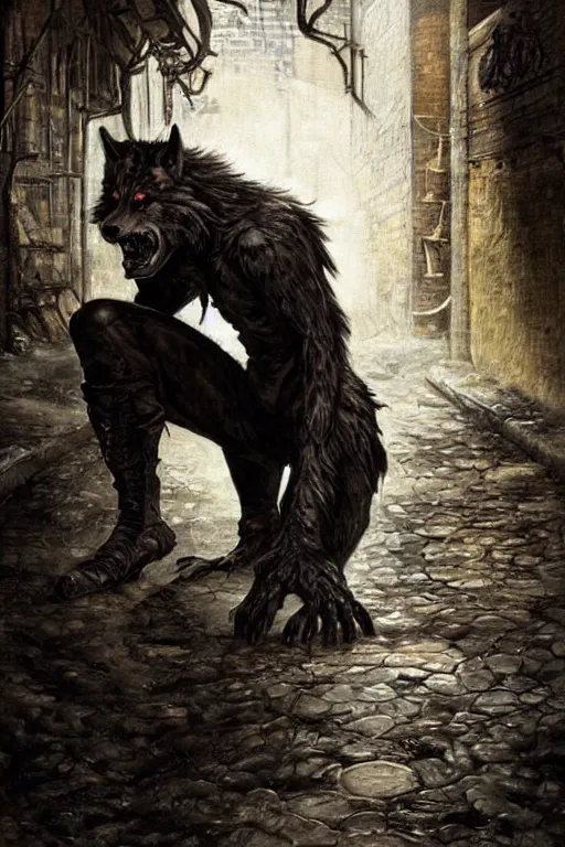 Image similar to a werewolf crouching in an alley, gothic, torn leather coat, intricate, elegant, dramatic lighting, ugly face, highly detailed, lifelike, photorealistic, digital painting, artstation, illustration, concept art, smooth, sharp focus, art by John Collier and Albert Aublet and Krenz Cushart and Artem Demura and Alphonse Mucha