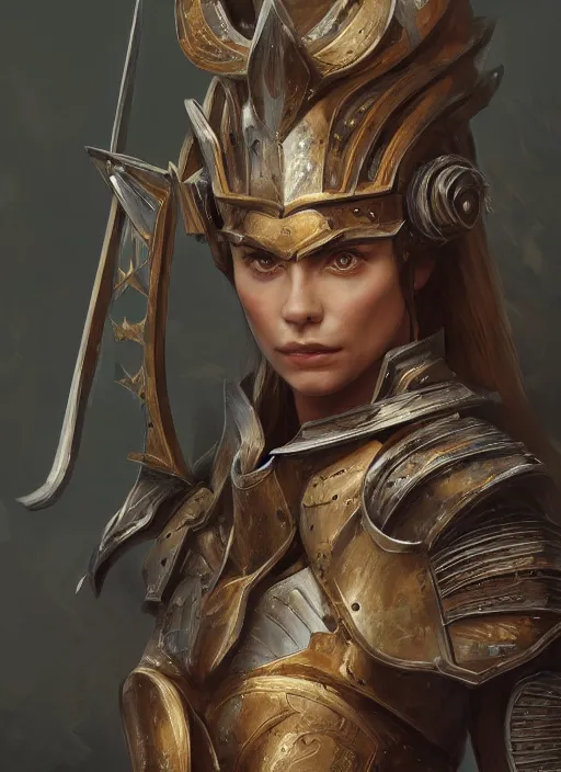 Image similar to portrait of cara delevinge as a legendary knight warrior, au naturel, hyper detailed, digital art, trending in artstation, cinematic lighting, studio quality, smooth render, unreal engine 5 rendered, octane rendered, art style by klimt and nixeu and ian sprigger and wlop and krenz cushart.