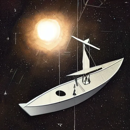 Image similar to into the unknown, whats at the edge of the universe, cardboard box sailboat in space, by lucas parolin, dark and moody, high detail, extremely sharp detail aspect ratio 1 1 by 1 4