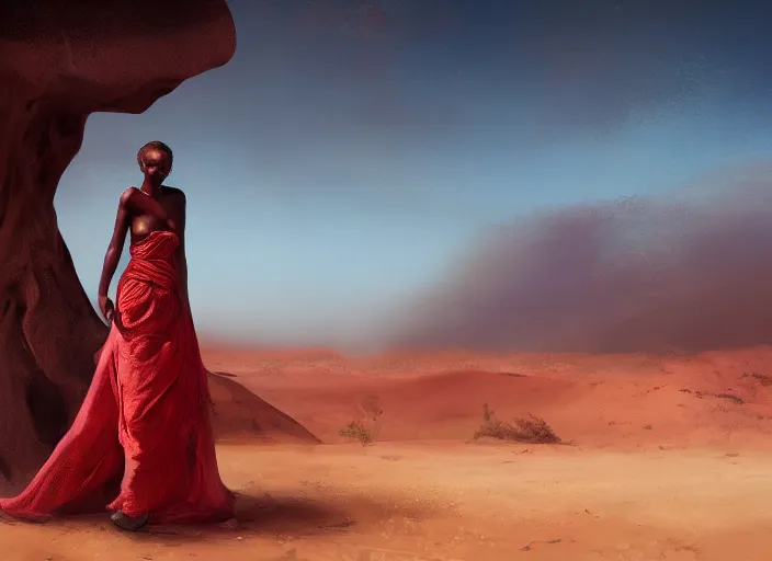 Image similar to desert landscape, portrait painting beautiful realism, an african girl with red hair, wear gowns, who was sprawled out was about to rise, his face covered in blood. cinematic scene, good lighting, fine art, trending on artstation, smooth draw, sharp focus.