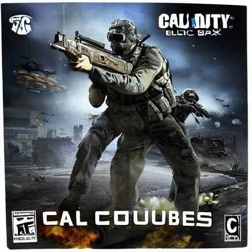 Prompt: call of duty game cube box art epic battle scene explosion tanks guns zombies