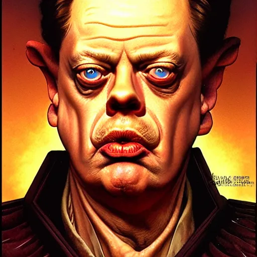 Image similar to dramatic upper body portrait of steve buscemi as baron harkonnen by norman rockwell and boris vallejo, artstation, concept creature character art, Dune 2021