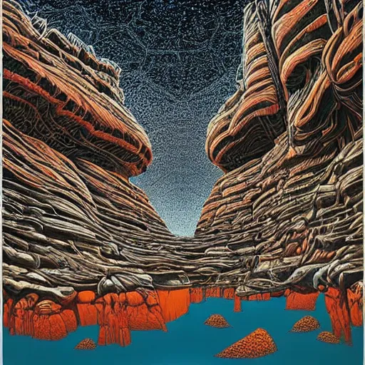 Prompt: deep canyons on an alien planet landscape with bizarre buildings and walking humanoids. Jeffrey Smith, Stanley Donwood