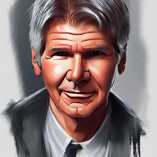 Image similar to super super super cute Harrison Ford, kawaii realistic portrait, by isabelle staub, by shin min jeong, by RossDraws, trending on artstation