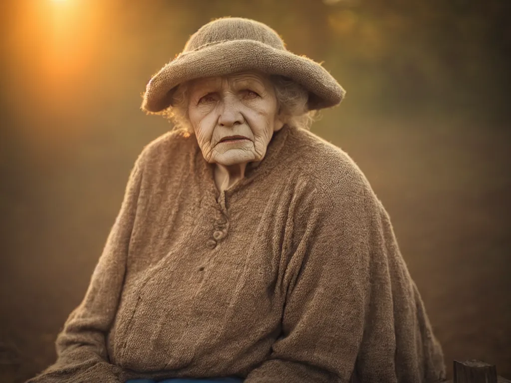 Image similar to medium shot portrait bust of old woman sitting on fence, tired expression, faded color film, russian cinema, tarkovsky, technicolor, heavy forest, wood cabin in distance, shallow depth of field, long brown hair, old clothing, heavy fog, brown color palette, sunset, low light, hudson river school, 4 k, dramatic lighting