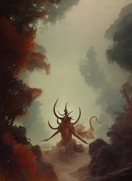 Image similar to Gigantic Deity with antlers and translucent mushrooms, extremly detailed digital painting, in the style of Fenghua Zhong and Ruan Jia and Jeremy Lipking and Peter Mohrbacher, rim light, beautiful lighting, mystical colors, 8k, stunning scene, raytracing, octane, trending on artstation