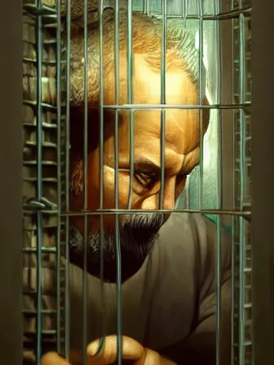 Prompt: luiz inacio lula da silva behind bars in jail. intricate, elegant, highly detailed, digital painting, artstation, concept art, sharp focus, illustration, by justin gerard and artgerm, 8 k