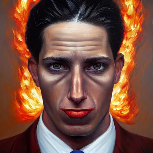 Image similar to a hyper realistic painting of a patient young man in a burning business suit, coherent symmetrical eyes, calm face, by jeffrey smith, by andrea kowch, by steve henderson, masterpiece, trending on artstation,