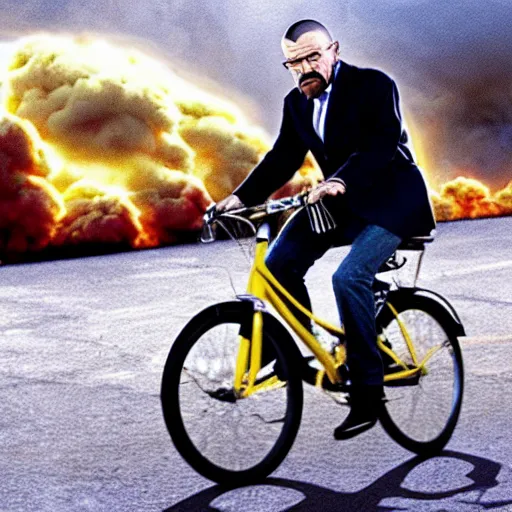 Image similar to photo of walter white riding a bike with an exploding building behind him, color, cinematic lighting