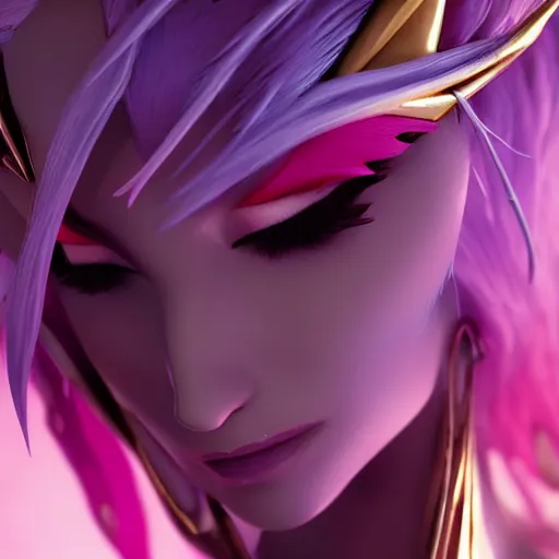 Prompt: still close up of pretty Xayah (Wild Rift) in KDA More music video. 3d render, octane render, game art, realistic, highly detailed, trending on artstation, 4k, trending on artstation, pixar, cgsociety, unreal engine 5, redshift render, trending on artstation, blender, behance, cg