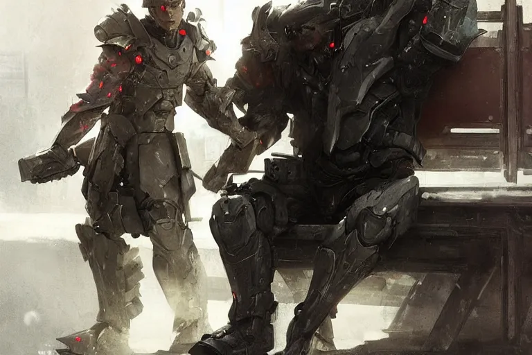 Image similar to an intense battle rages behind an android soldier sitting on a bench, laser blasts, dramatic, he is sad, hunched shoulders, detailed concept art by caravaggio and greg rutkowski and ruan jia and artgerm