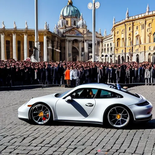 Image similar to a stunning award-winning photo of the Pope doing a sick drift in his Porsche on St. Peter's square, dark tire marks, gray smoke coming out of the tires, very high quality, extremely detailed