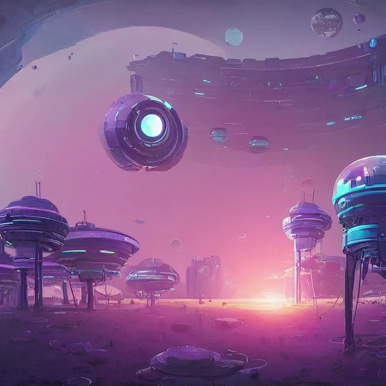 Prompt: a circle!! portal structure floating in space!!, cyberpunk, epic surrealism, indigo, purple, cyan, detailed digital matte painting in the style of simon stalenhag and painting by ralph mcquarrie