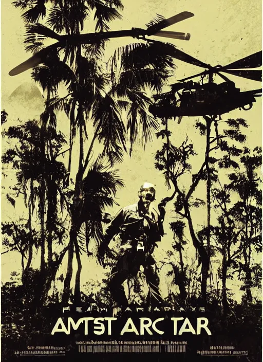 Prompt: new poster creative art for apocalypse now, martin sheen, vietnam war, soldier, river, trees, helicopters