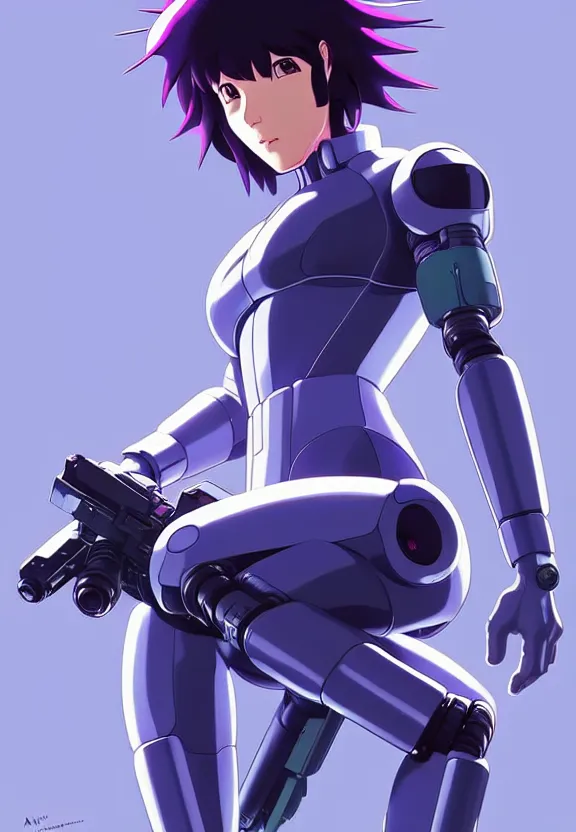 Prompt: a fullbody pose of motoko kusanagi riding a tachikoma, ghost in the shell : : connected to cables, under repairs, maintenance area, technicians : : by ilya kuvshinov, rossdraws, artgerm, sola digital arts, anti aliasing, raytracing : :