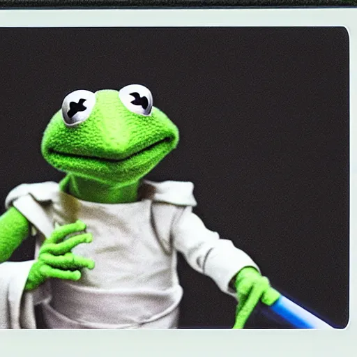 Image similar to Kermit the frog in Star Wars movie, dressed as a Jedi, with green lightsaber, polaroid photo, instax, white frame, by Warhol,