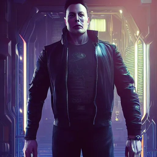 Prompt: ominous, imposing portrait of Elon Musk as a cyberpunk 2077 loading screen, imposing, symmetry, front view, intricate, studio, art by anthony macbain + greg rutkowski + alphonse mucha, concept art, 4k, sharp focus