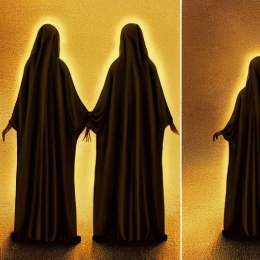 Image similar to a portrait of a twin nuns wearing a long dark cloak, hood and shadows covering face, holding golden chains, oil painting, matte painting, black background, Volumetric Golden dappled dynamic lighting, Highly Detailed, Cinematic Lighting, Unreal Engine, 8k, HD, by Beksinski