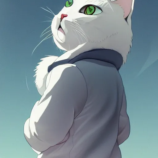 Image similar to overweight white cat cat wearing overalls and a long sleeved sweater, fursona, anthro, male, anime key visual, detailed white fur, makoto shinkai, portrait