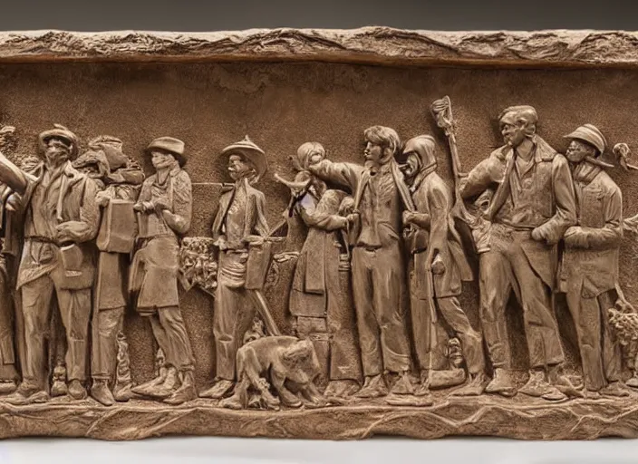 Image similar to intricate bas relief sculpture of mormon pioneers