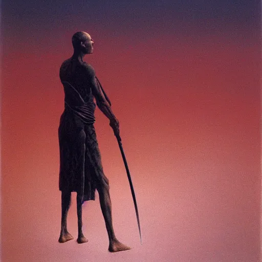 Prompt: swordsman by Zdzisław Beksiński, oil on canvas