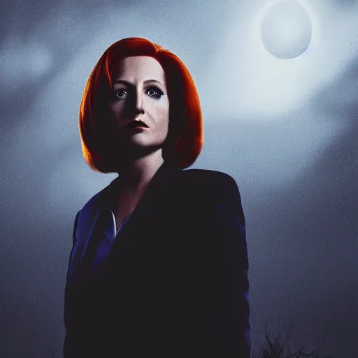 Prompt: masterpiece full body portrait of Scully from the X-Files, hair blowing in the wind, eerie fog, dramatic lighting, 8k