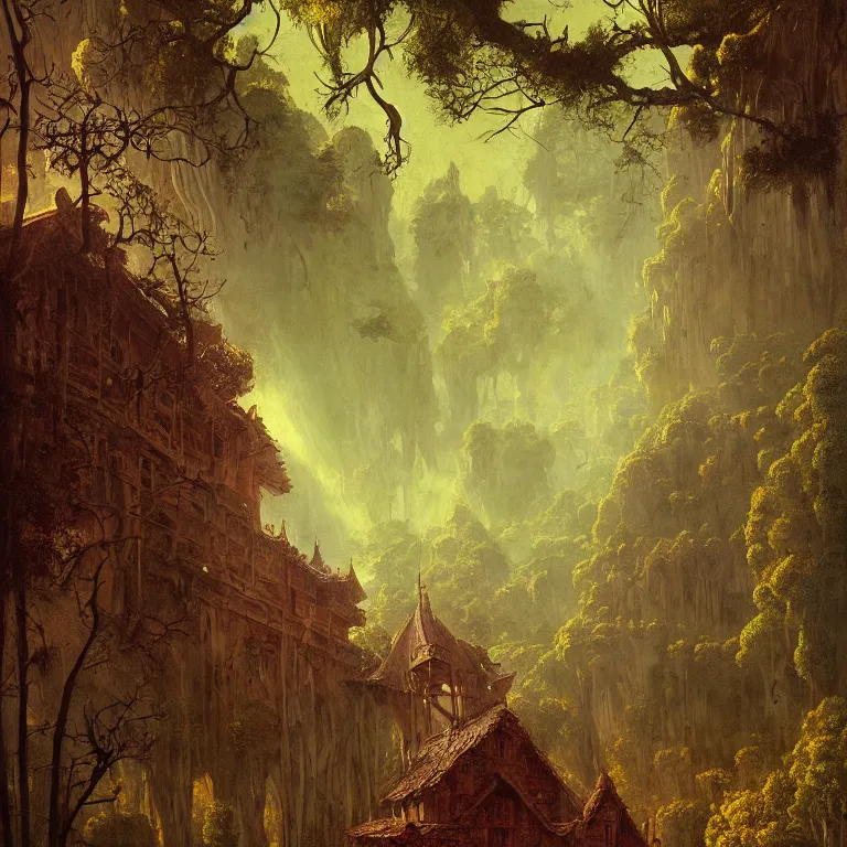 Prompt: a detailed painting inspired by moebius and beksinski of a medieval building with two floors in the forest. fantasy poster. cinematic fantasy scene. aurora lighting. fantasy. carl spitzweg. baroque elements. baroque element. intricate artwork by caravaggio. oil painting. award winning. dramatic. trending on artstation. 8 k